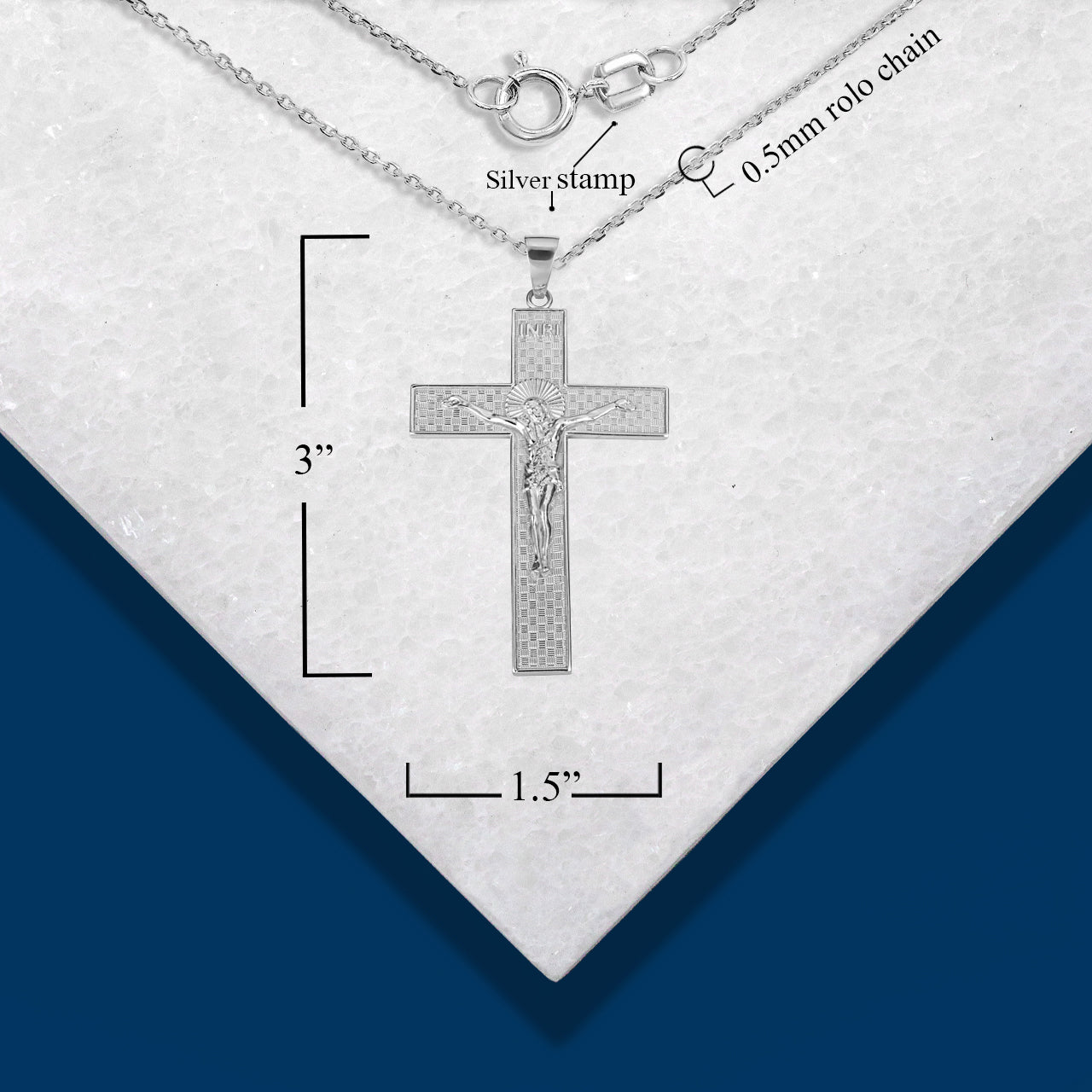 Sterling Silver INRI Checkered Cross Crucifix Jesus Christ Pendant Necklace, view 3