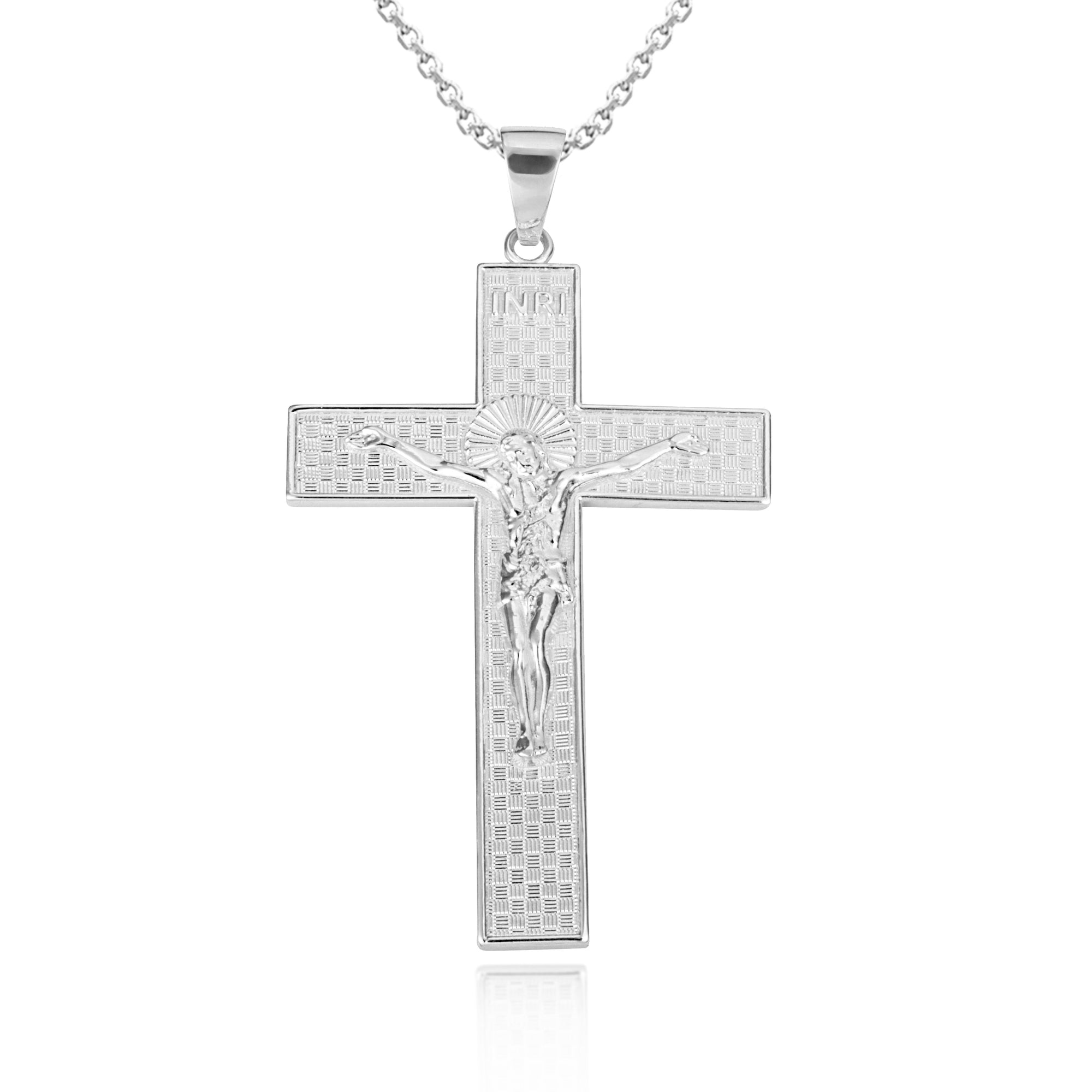 Sterling Silver INRI Checkered Cross Crucifix Jesus Christ Pendant Necklace, view 4