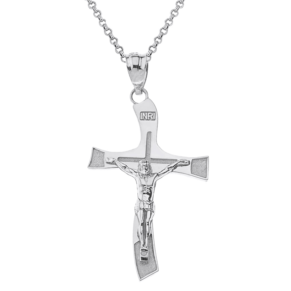 Sterling Silver INRI Wave Crucifix Pendant Necklace