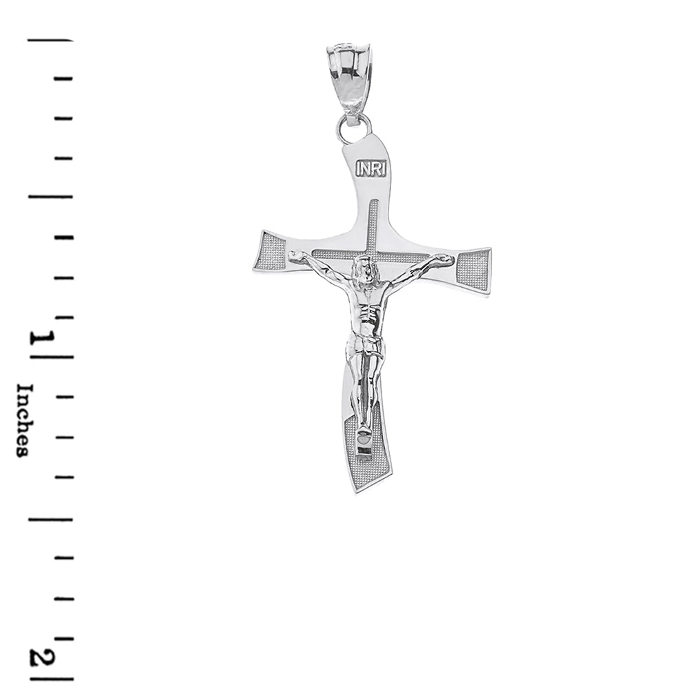 Sterling Silver INRI Wave Crucifix Pendant Necklace, view 3