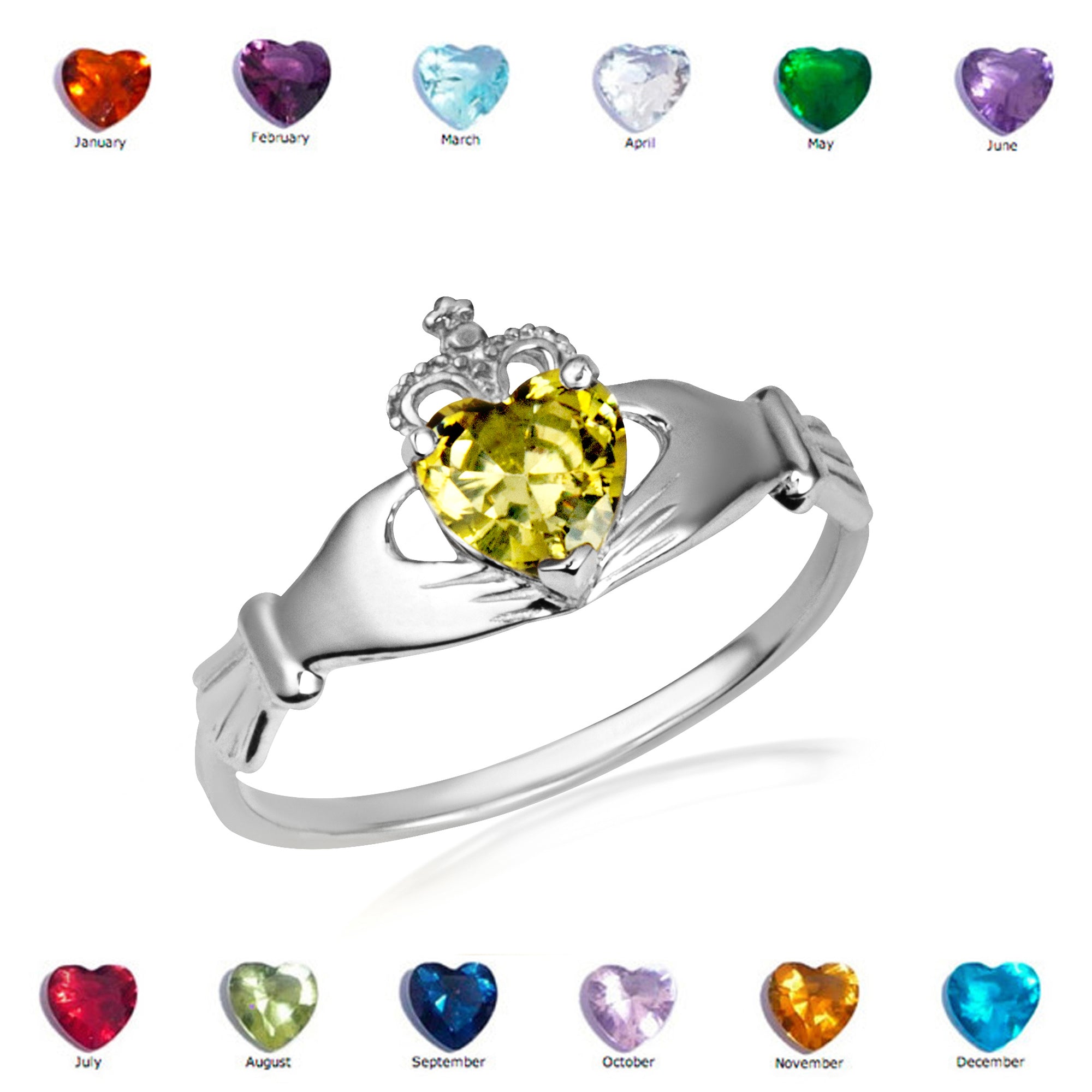 Sterling Silver Irish Celtic Claddagh Heart Birthstone Ring