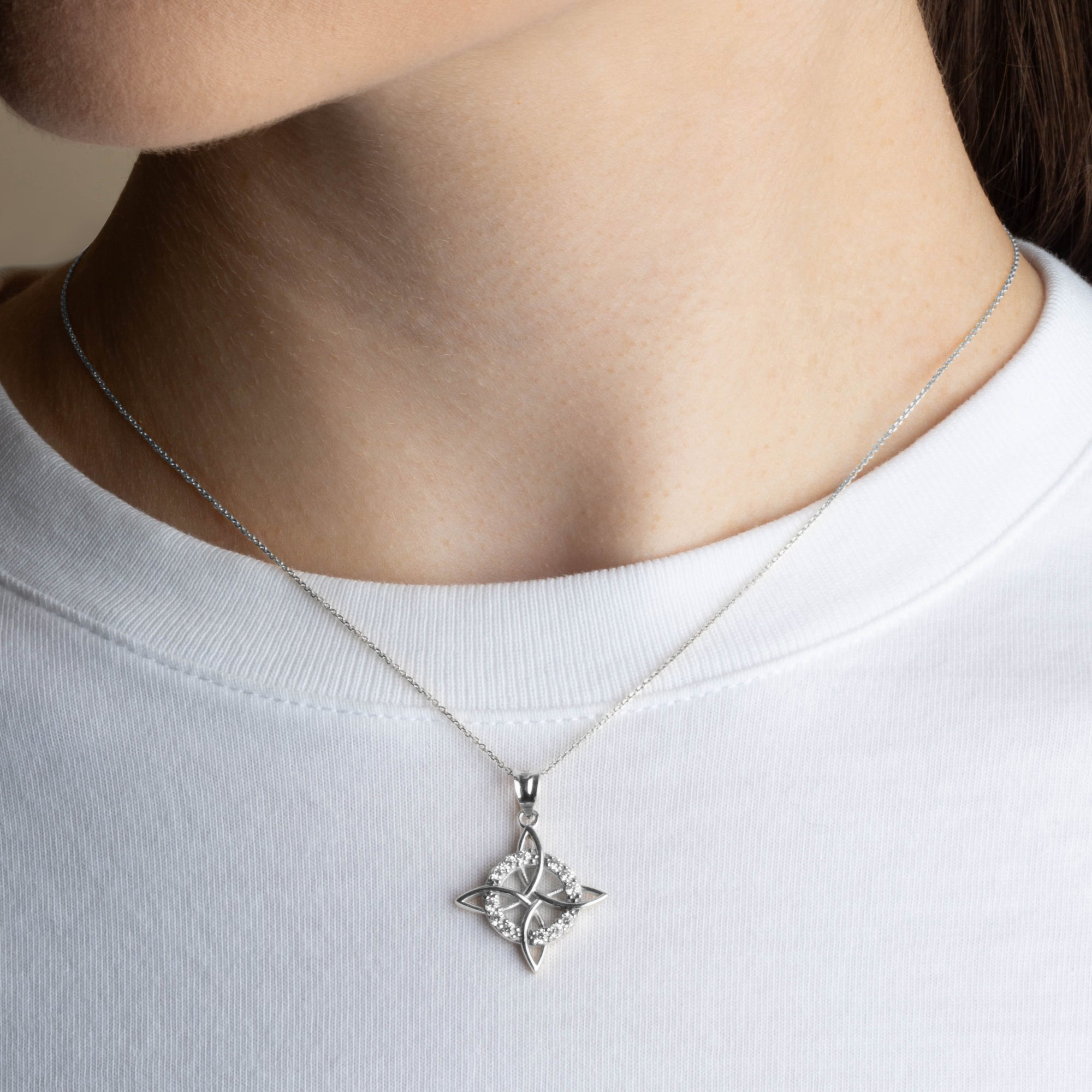 Sterling Silver Irish Celtic Cross Halo Trinity Knot Pendant Necklace, view 2
