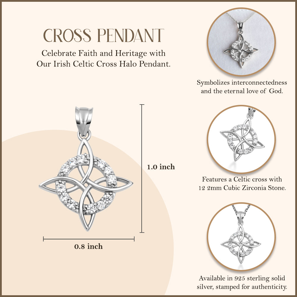 Sterling Silver Irish Celtic Cross Halo Trinity Knot Pendant Necklace, view 3