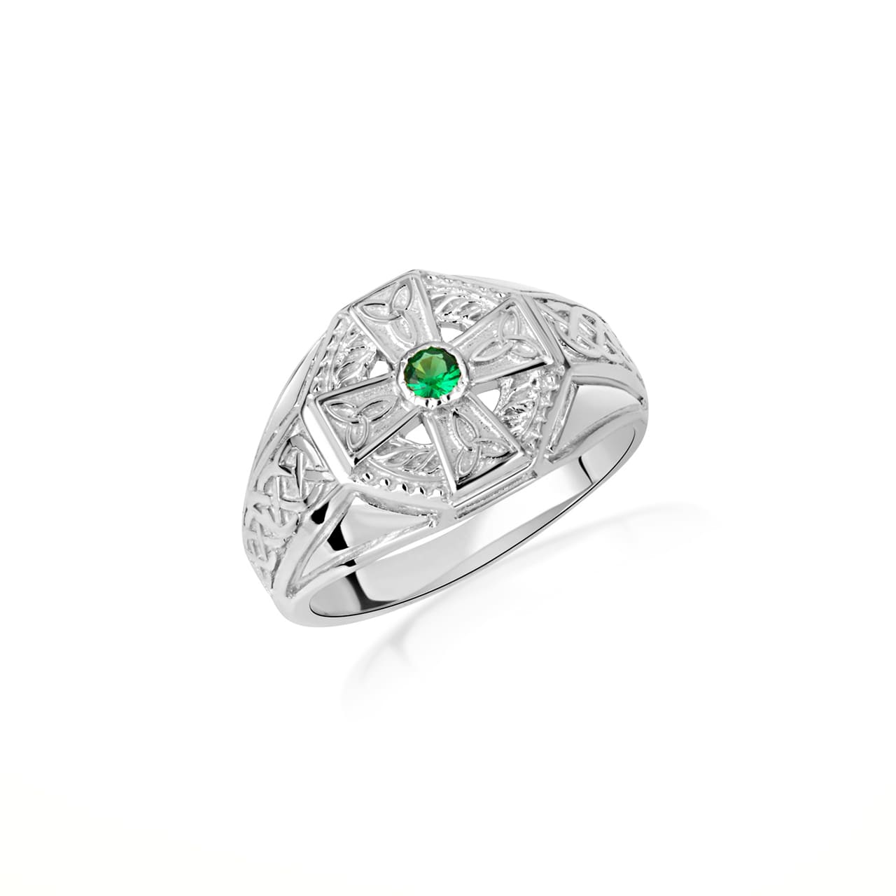 Sterling Silver Irish Celtic Trinity Knot Cross Emerald Birthstone Ring