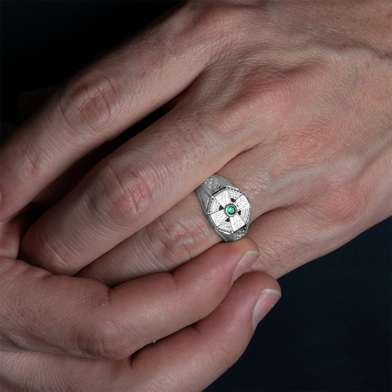 Sterling Silver Irish Celtic Trinity Knot Cross Emerald Birthstone Ring, view 2