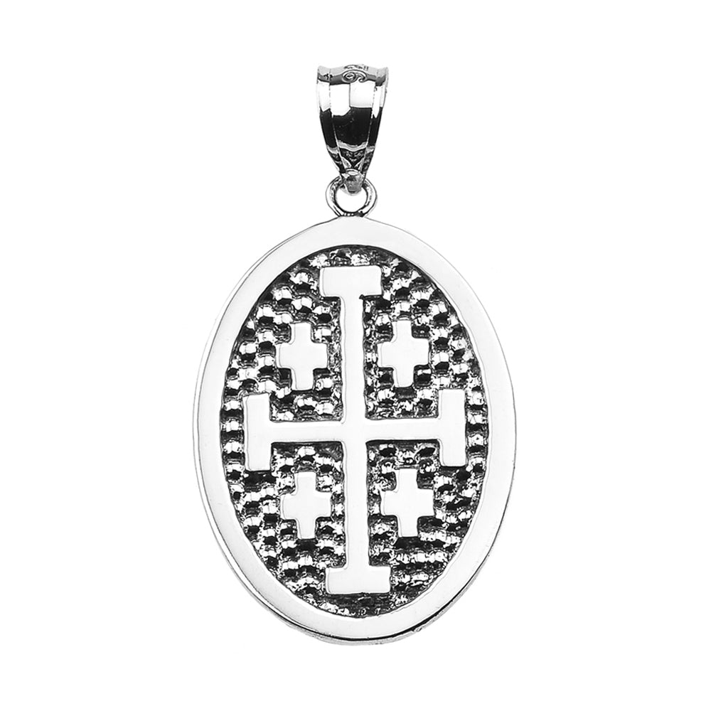 Sterling Silver Jerusalem Cross Engravable Oval Pendant Necklace, view 2