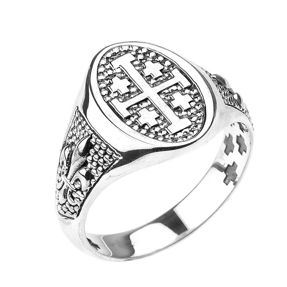 Sterling Silver Jerusalem Cross Unisex Ring with Fleur De Lis