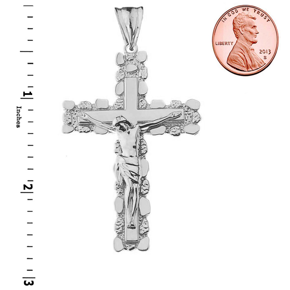 Sterling Silver Jesus Christ Crucifix Cross Nugget Pendant Necklace, view 3