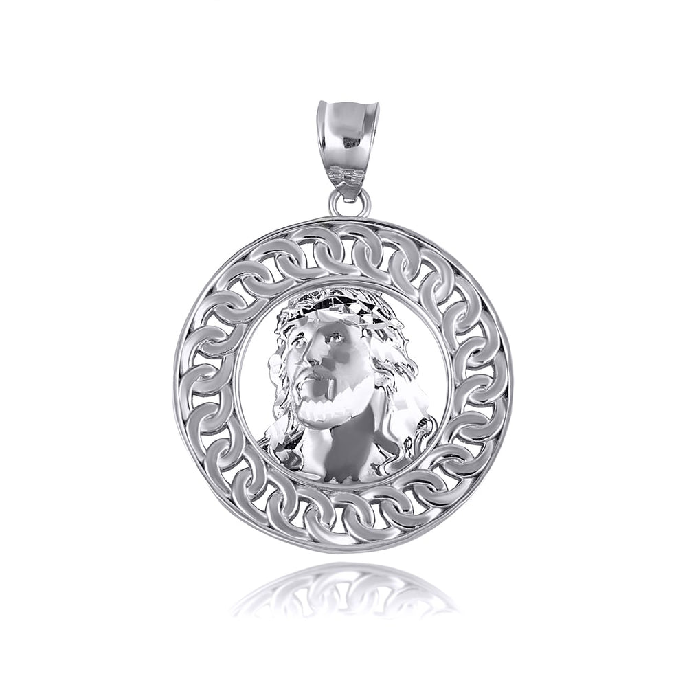 Sterling Silver Jesus Christ Face Cuban Link Round Pendant Necklace