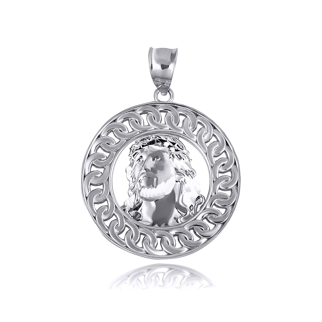 Sterling Silver Jesus Christ Face Cuban Link Round Pendant Necklace
