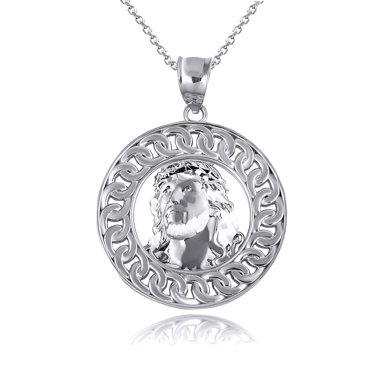 Sterling Silver Jesus Christ Face Cuban Link Round Pendant Necklace, view 5