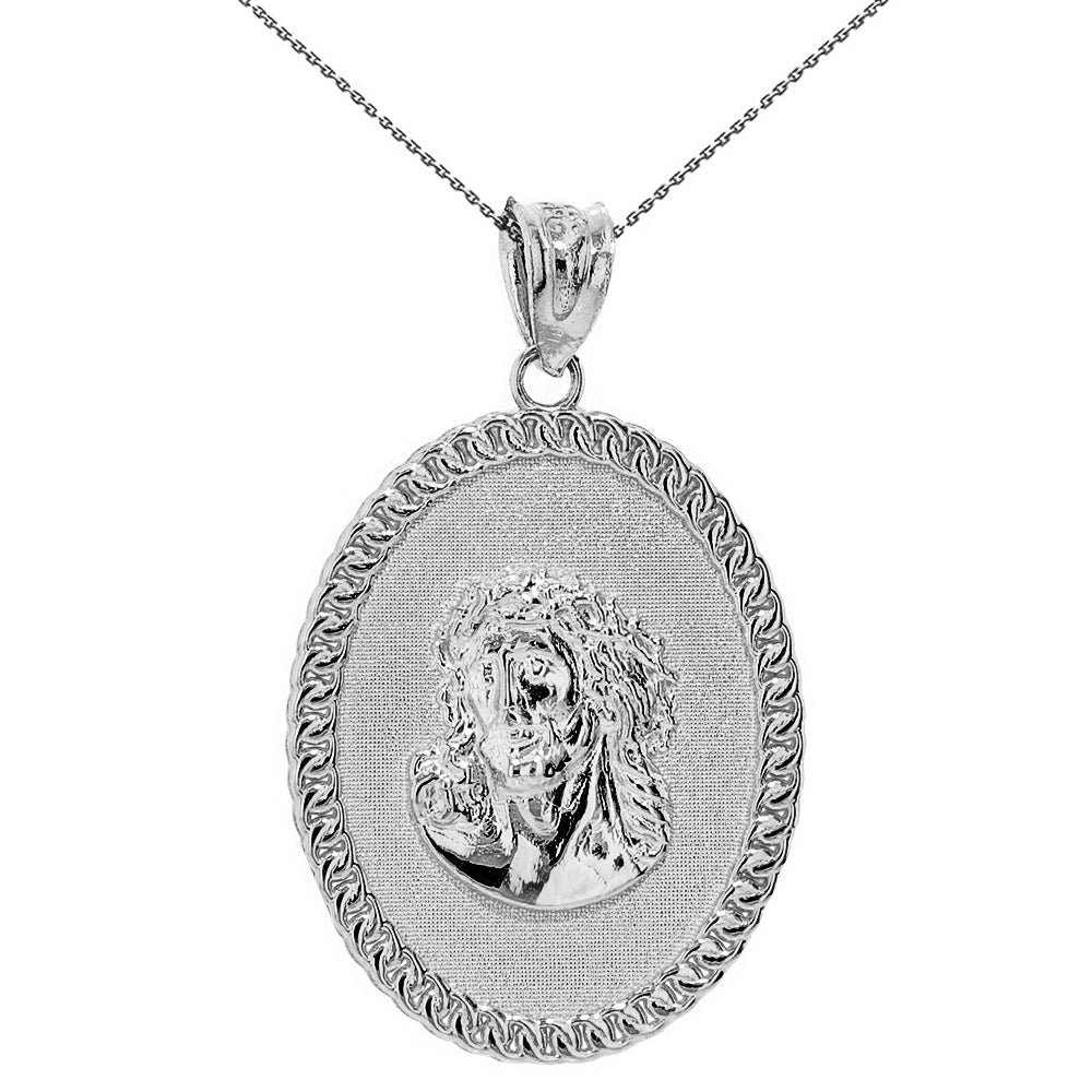 Sterling Silver Jesus Christ the Lord Cuban Curb Link Frame Oval Medallion Pendant Necklace 1.27" (32 mm)