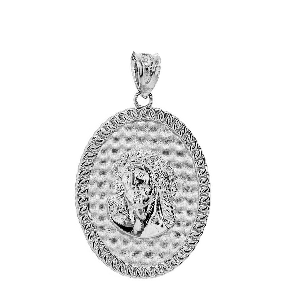 Sterling Silver Jesus Christ the Lord Cuban Curb Link Frame Oval Medallion Pendant Necklace 1.27" (32 mm), view 2