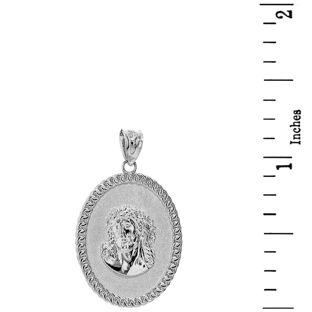 Sterling Silver Jesus Christ the Lord Cuban Curb Link Frame Oval Medallion Pendant Necklace 1.27" (32 mm), view 3