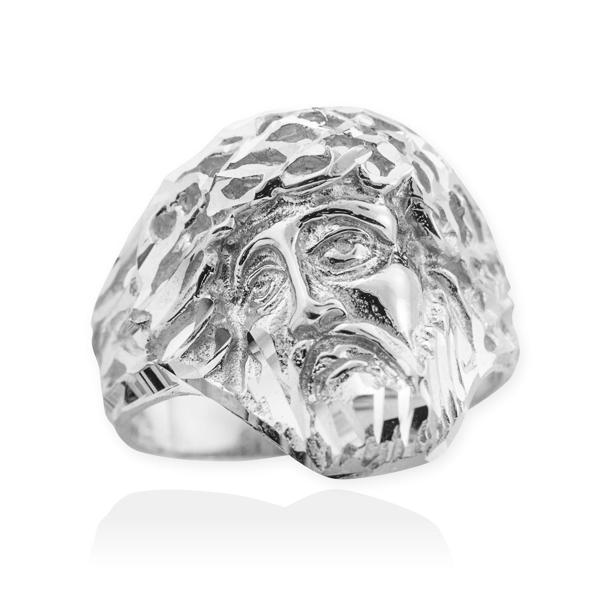 Sterling Silver Jesus Face Diamond Cut Ring