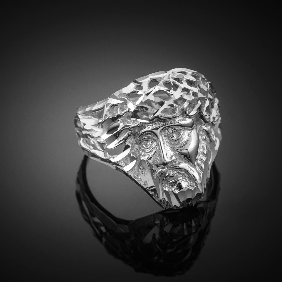Sterling Silver Jesus Face Diamond Cut Ring, view 2