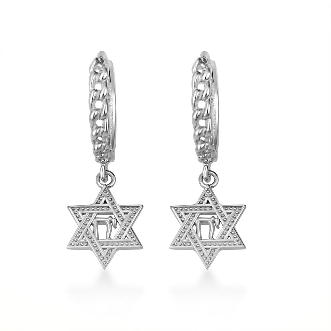Sterling Silver Jewish Chai Star Of David Cuban Link Huggie Hoop Earrings
