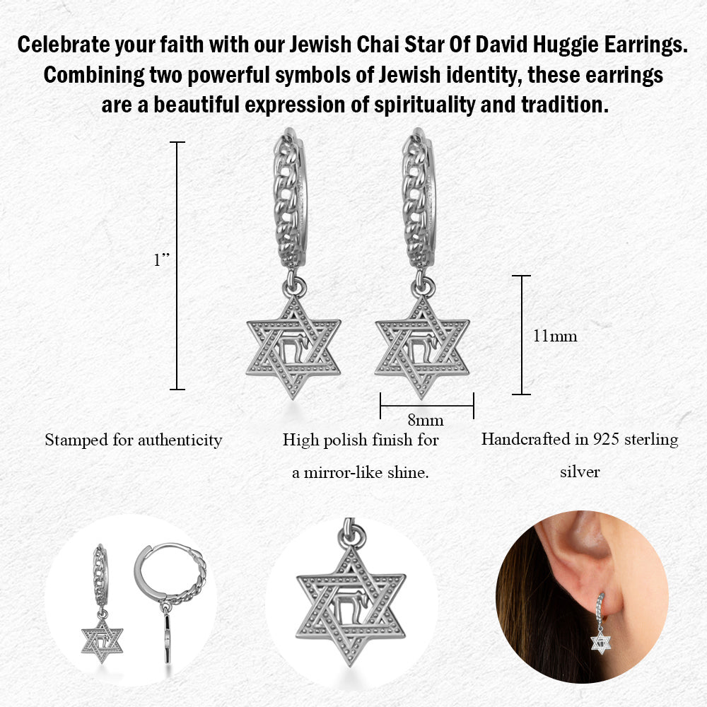 Sterling Silver Jewish Chai Star Of David Cuban Link Huggie Hoop Earrings, view 3