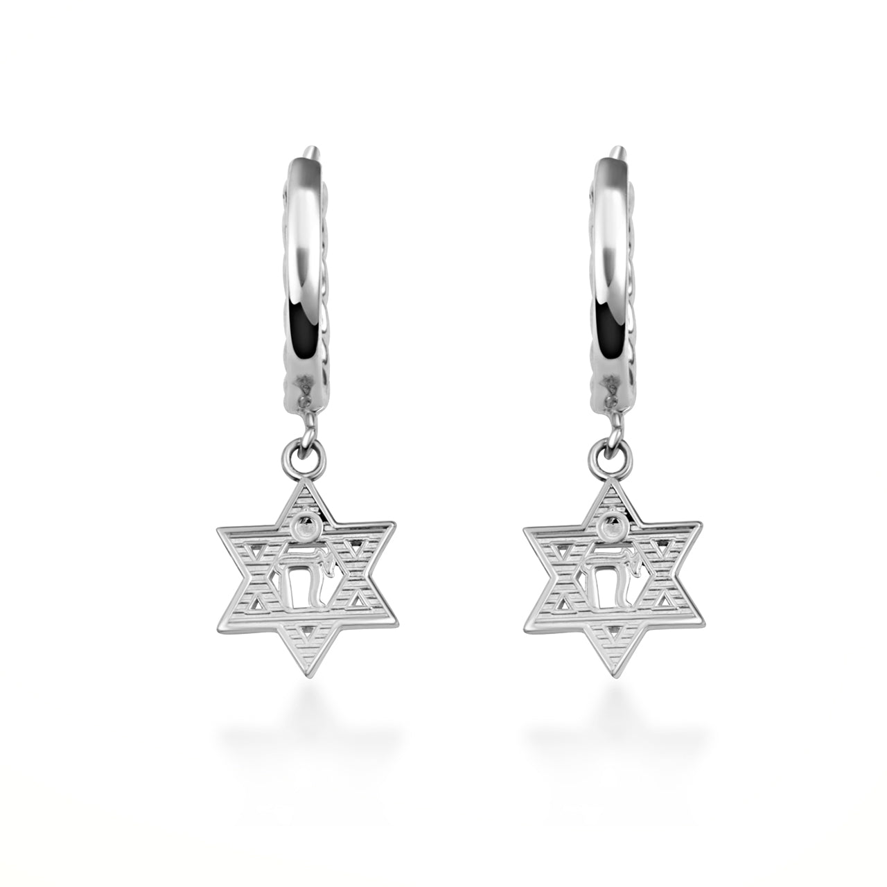 Sterling Silver Jewish Chai Star Of David Cuban Link Huggie Hoop Earrings, view 4