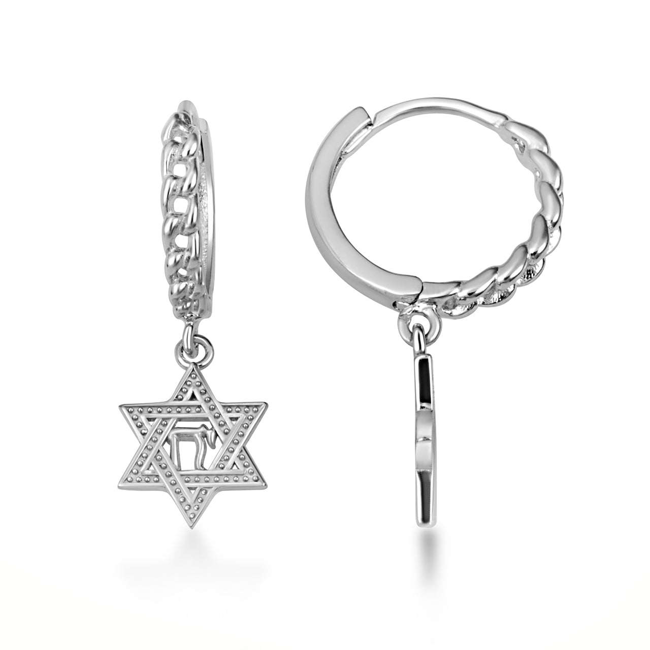 Sterling Silver Jewish Chai Star Of David Cuban Link Huggie Hoop Earrings, view 5