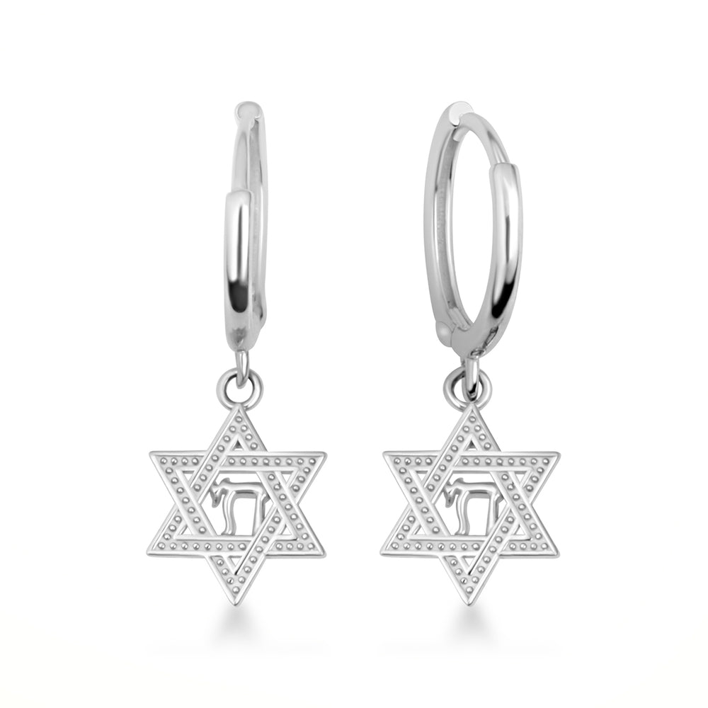 Sterling Silver Jewish Chai Star Of David Drop Huggie Hoop Earrings