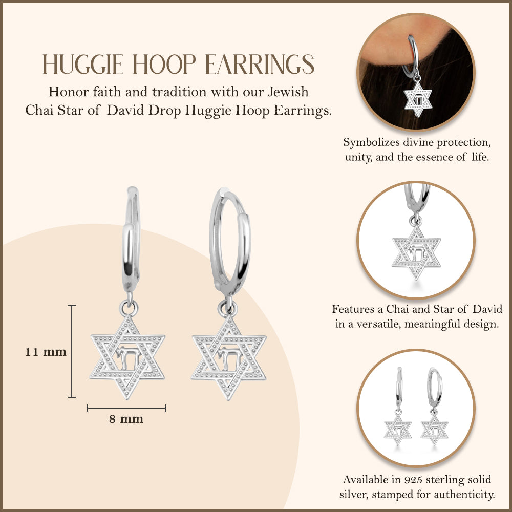 Sterling Silver Jewish Chai Star Of David Drop Huggie Hoop Earrings, view 3