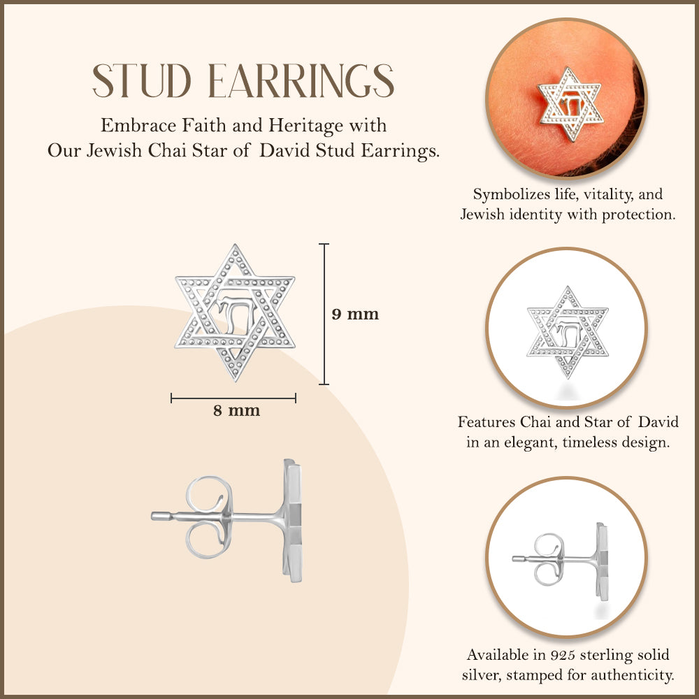Sterling Silver Jewish Chai Star Of David Stud Earrings, view 3