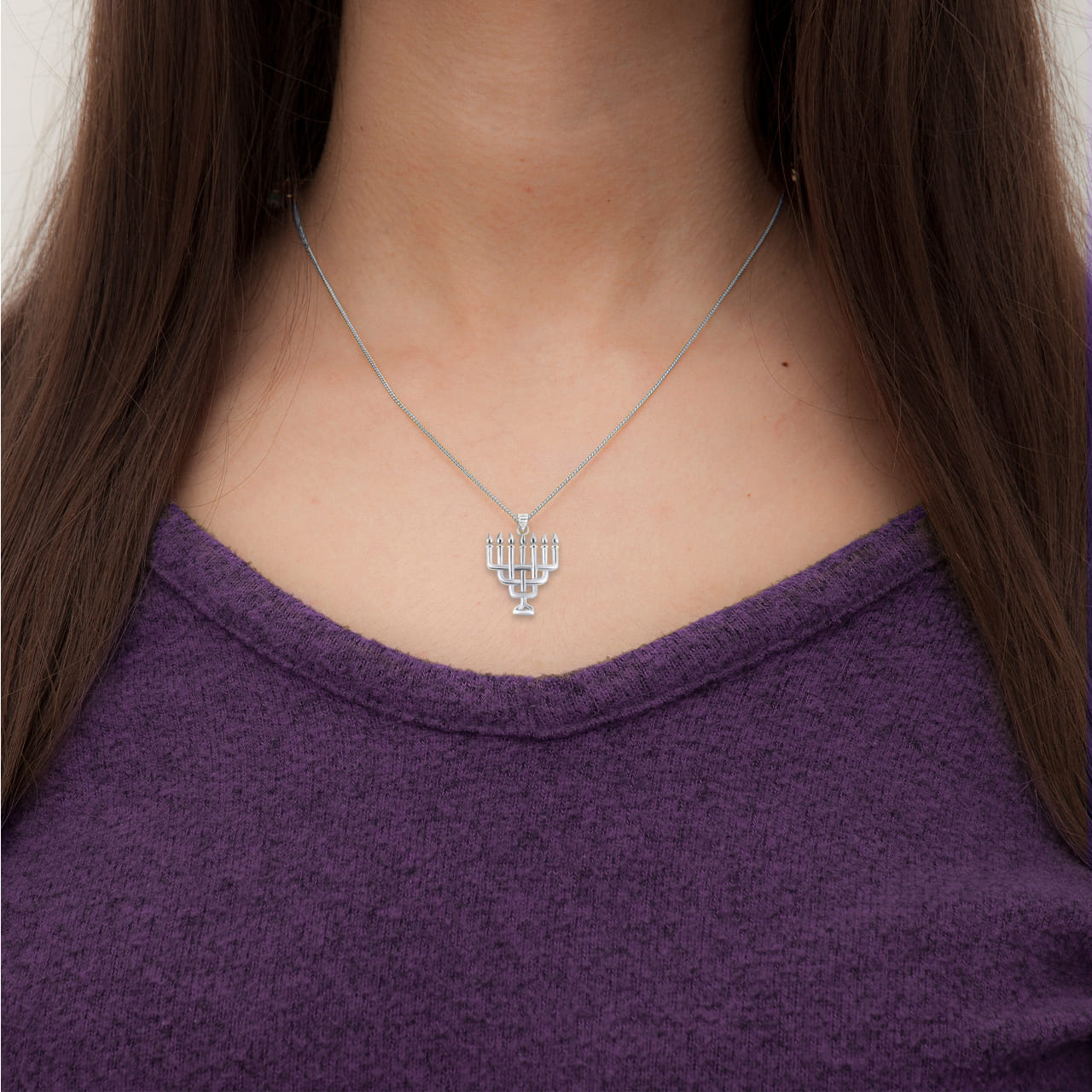 Sterling Silver Jewish Menorah Candle Hanukkah Pendant Necklace, view 3