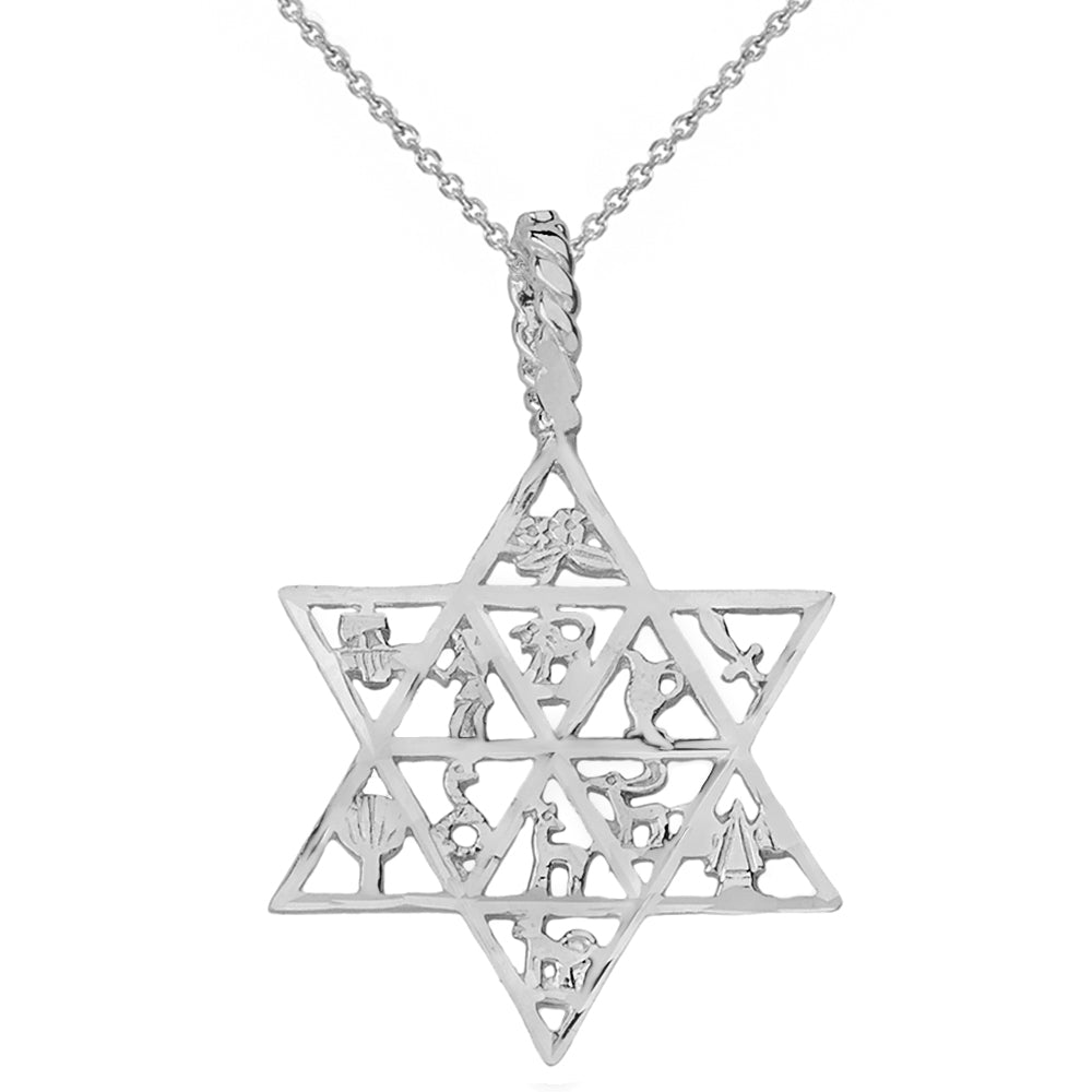 Sterling Silver Jewish Star of David Charm 12 Tribes of Israel Pendant Necklace