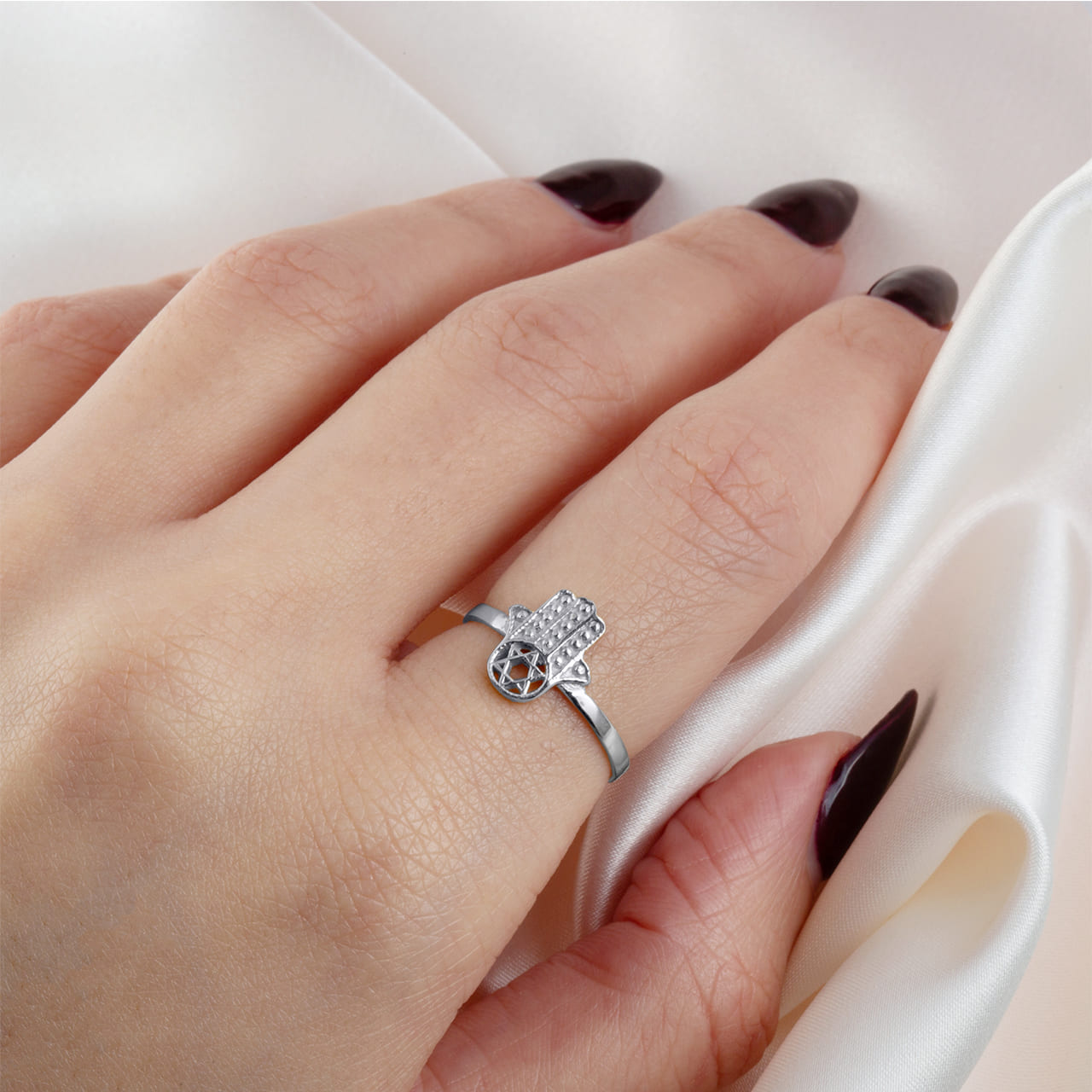 Sterling Silver Jewish Star Of David Hamsa Hand Beaded Ring, view 2