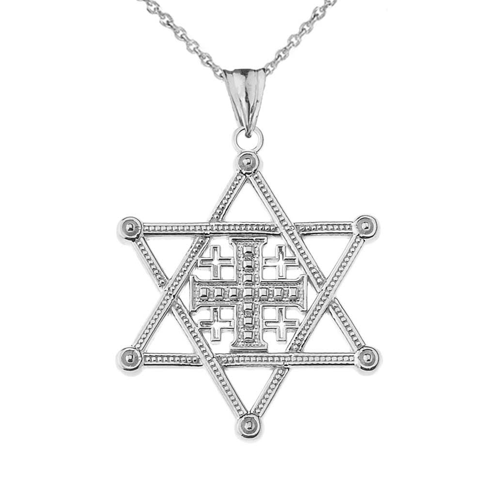 Sterling Silver Jewish Star of David Jerusalem Cross Messianic Pendant Necklace