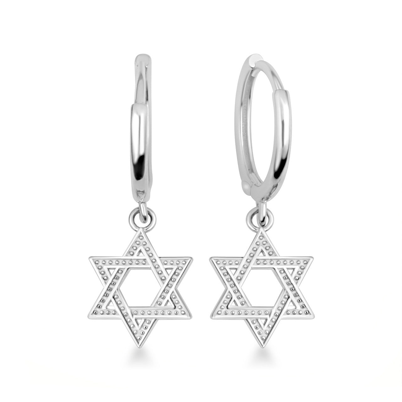 Sterling Silver Jewish Star Of David Textured Drop Huggie Hoop Earrings