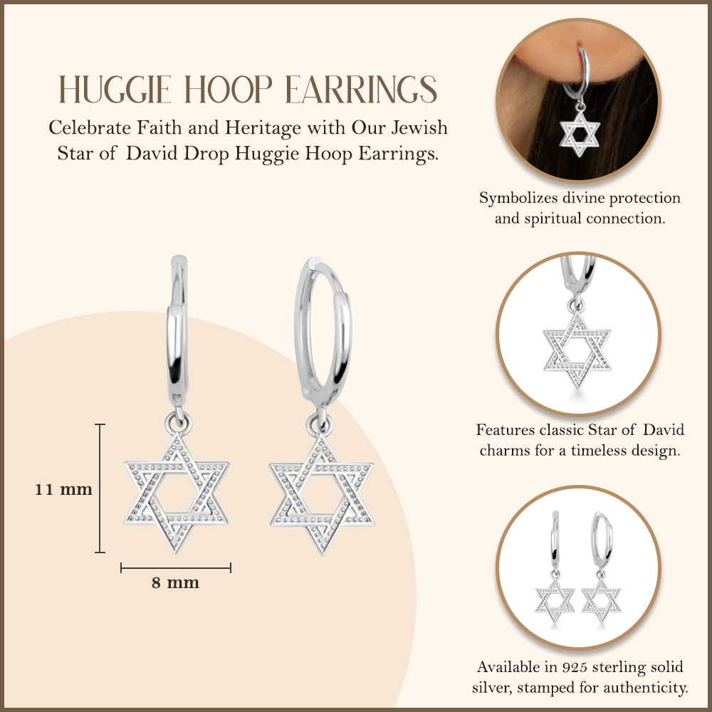 Sterling Silver Jewish Star Of David Textured Drop Huggie Hoop Earrings, view 3