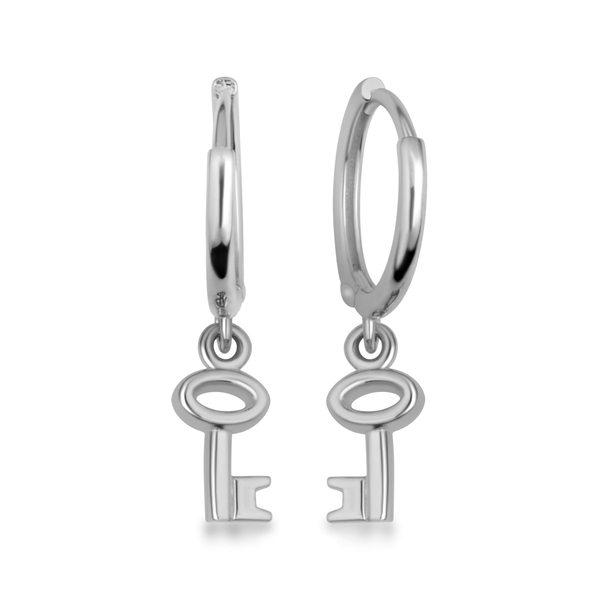 Sterling Silver Key Charm Drop Huggie Hoop Earrings