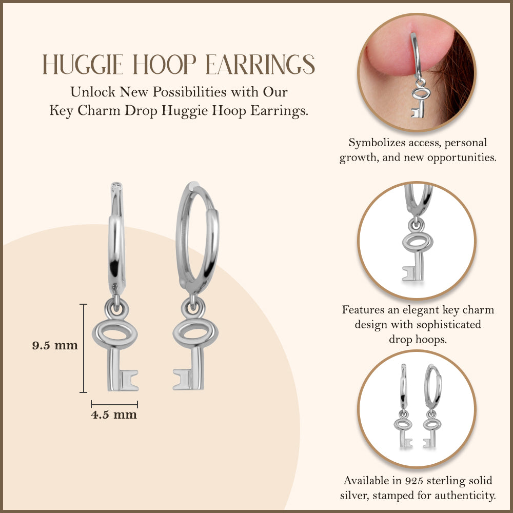 Sterling Silver Key Charm Drop Huggie Hoop Earrings, view 3