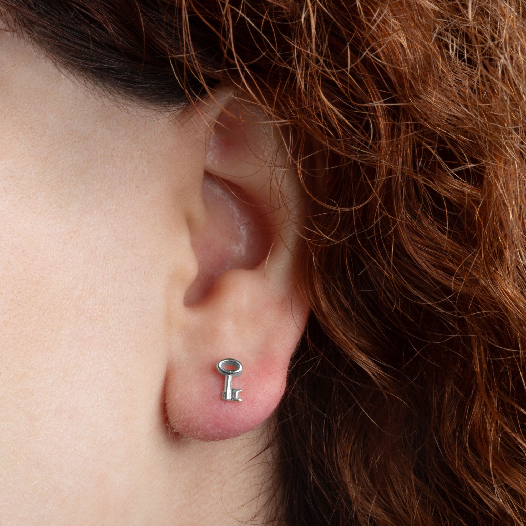 Sterling Silver Key Charm Stud Earrings, view 2