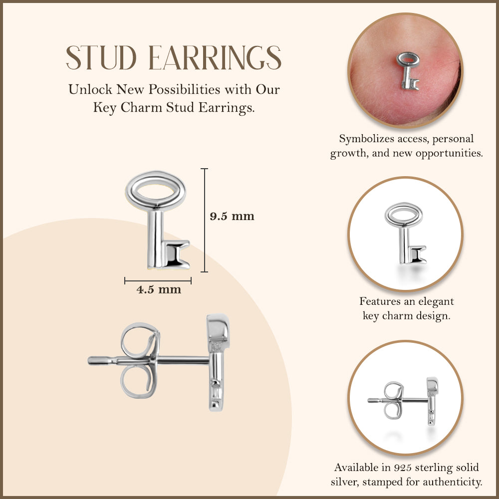 Sterling Silver Key Charm Stud Earrings, view 3