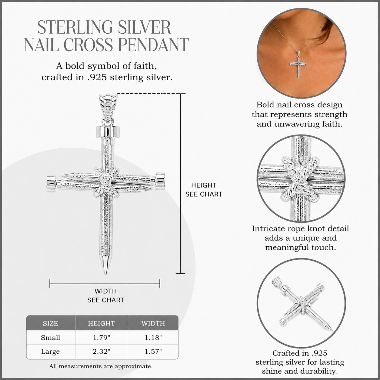 Sterling Silver Knot Nail Cross Crucifix Pendant Necklace, view 3