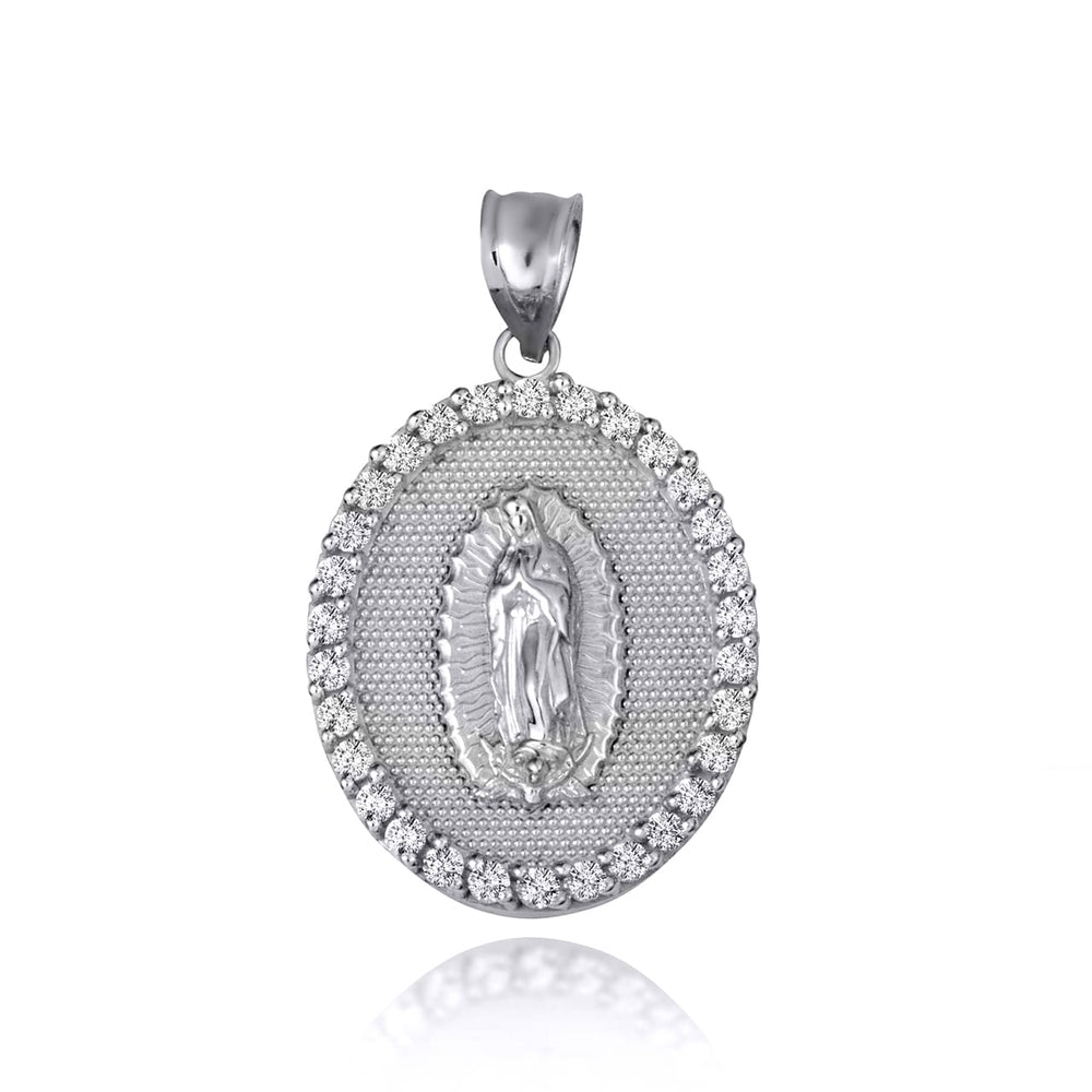 Sterling Silver Lady Of Guadalupe Cubic Zirconia Oval Halo Beaded Medallion Pendant Necklace