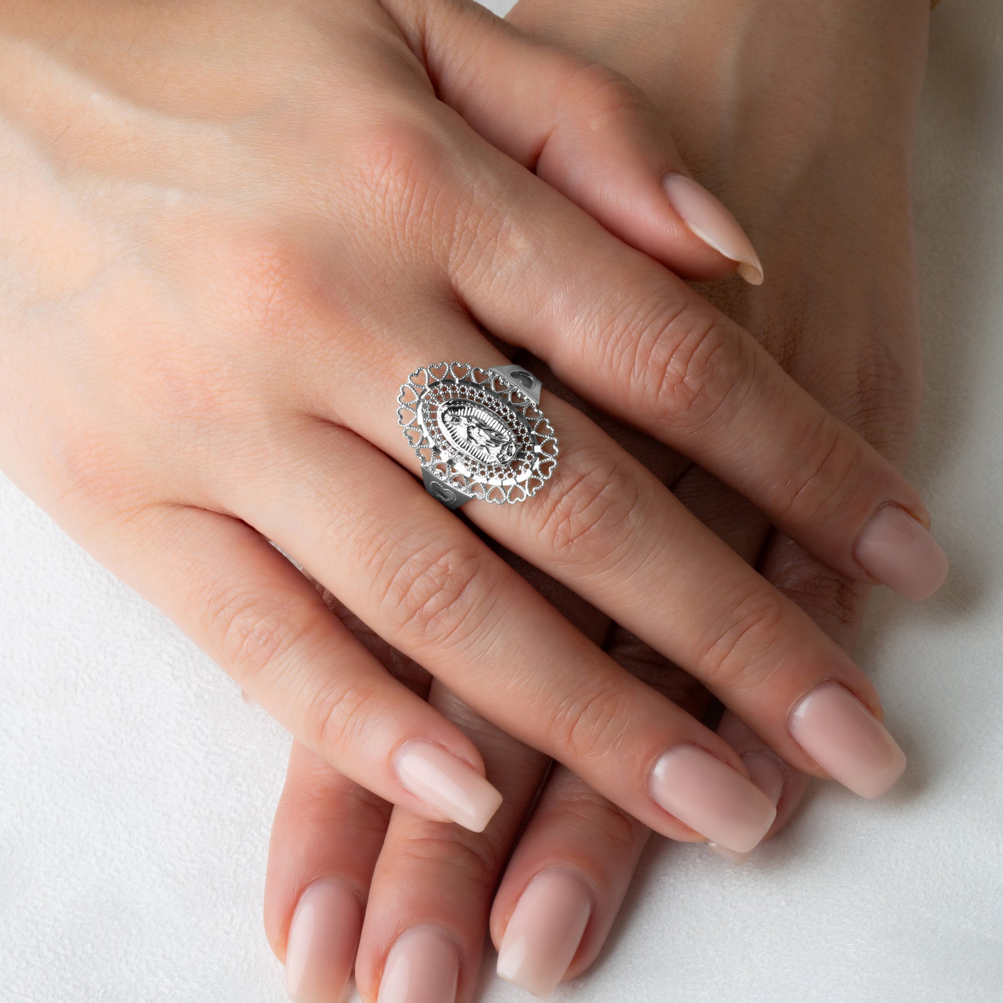 Sterling Silver Lady Of Guadalupe Sacred Heart Oval Medallion Ring, view 2