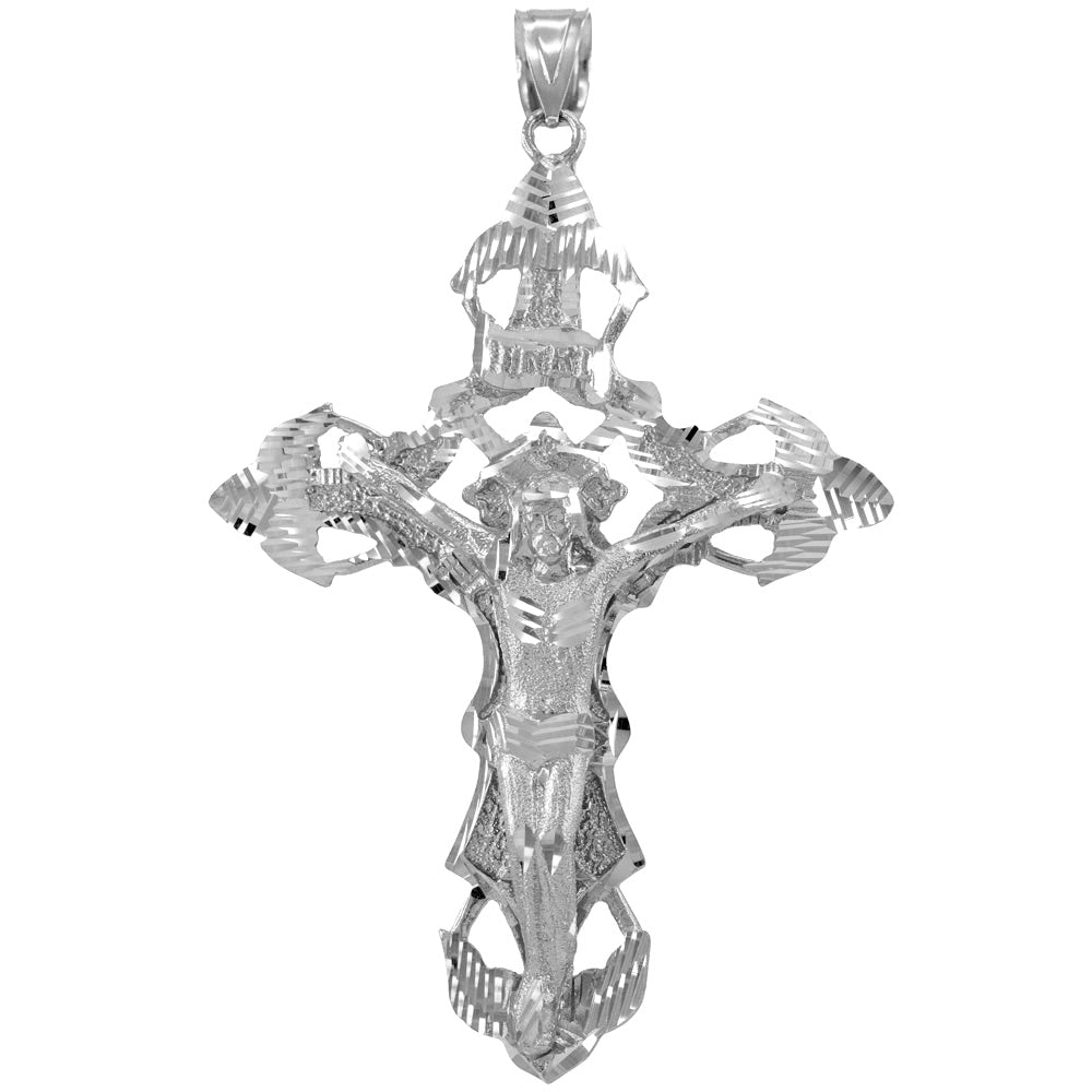 Sterling Silver Large Diamond Cut Cross Crucifix Jesus Christ Pendant