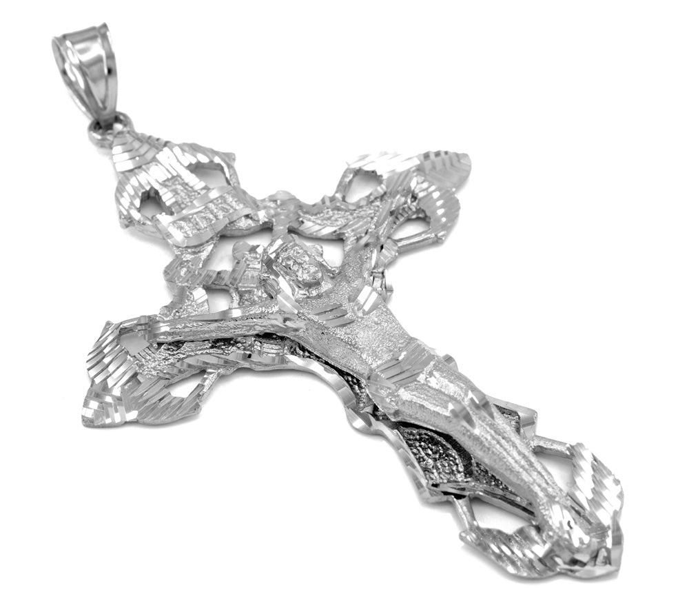 Sterling Silver Large Diamond Cut Cross Crucifix Jesus Christ Pendant, view 2