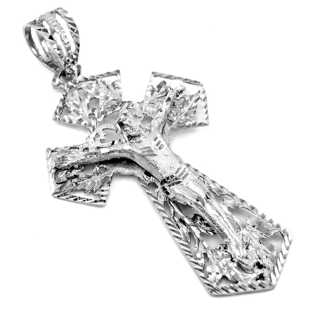 Sterling Silver Large Jesus Christ Cross Crucifix Diamond Cut Pendant Necklace