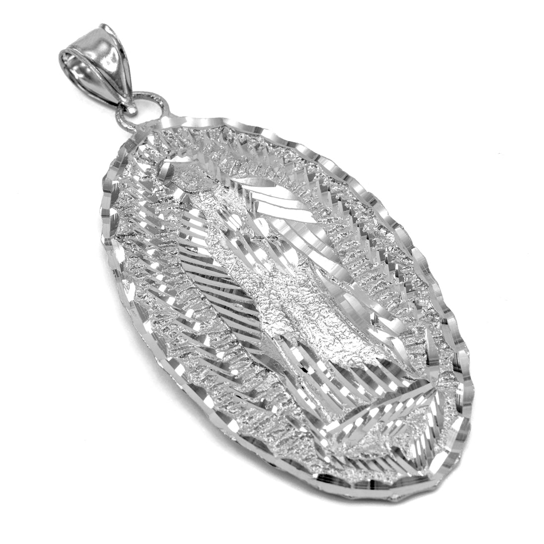 Sterling Silver Large Our Lady of Guadalupe Diamond Cut Pendant