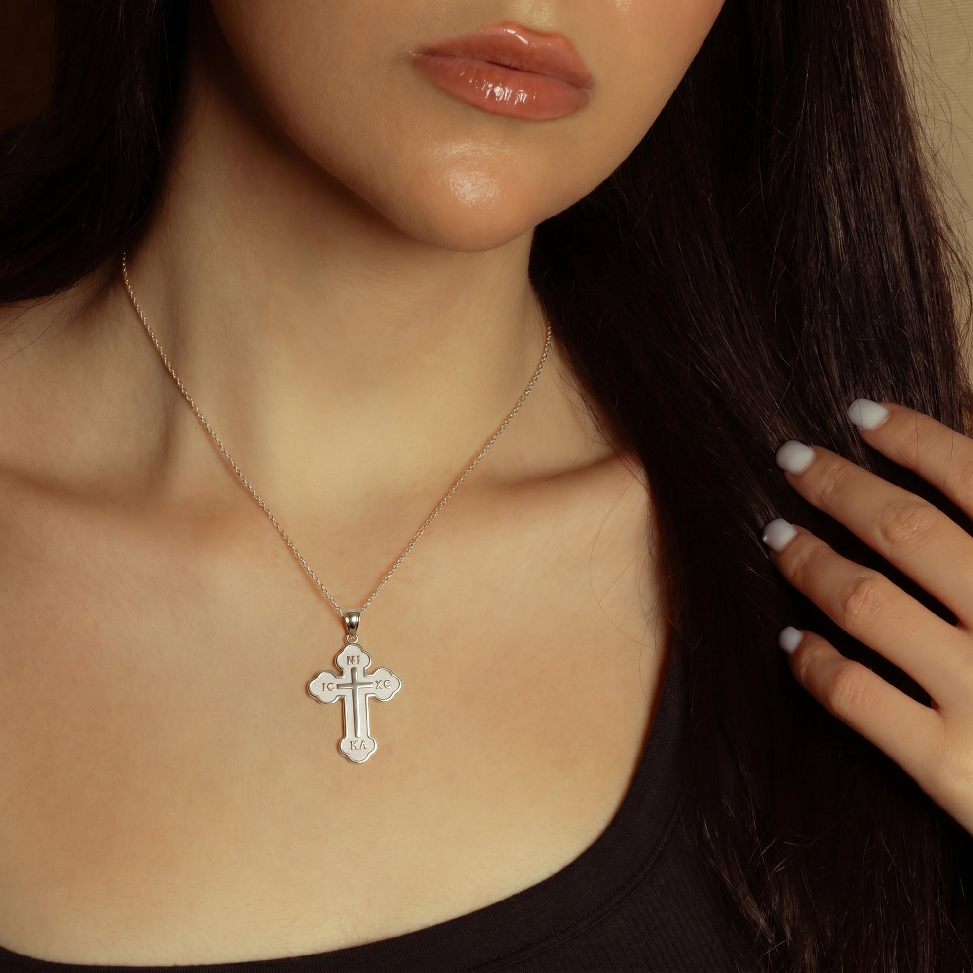 Sterling Silver Large Saint Nicholas Greek Orthodox Russian Cross Pendant Necklace, view 2