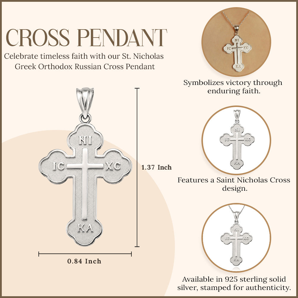 Sterling Silver Large Saint Nicholas Greek Orthodox Russian Cross Pendant Necklace, view 3