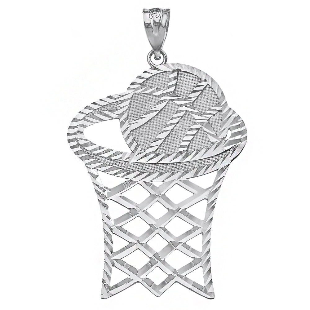 Sterling Silver Large Sparkle Cut Basketball Hoop Pendant