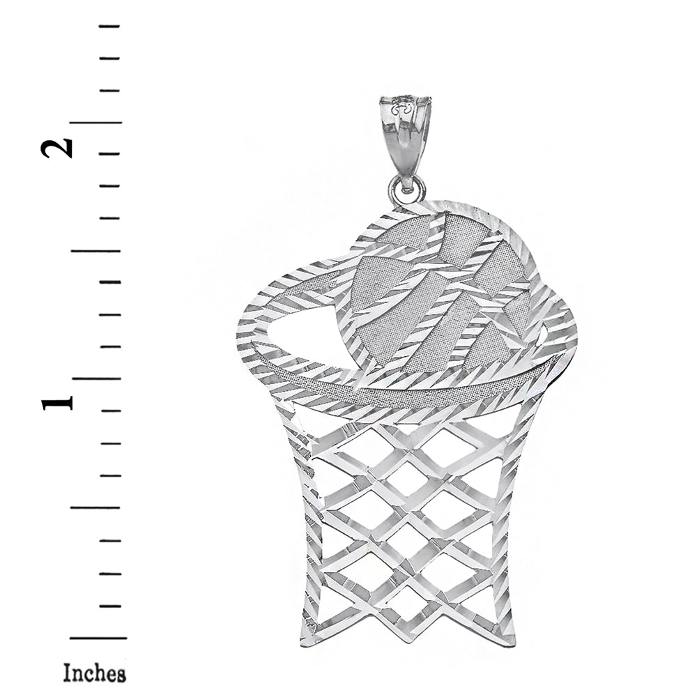 Sterling Silver Large Sparkle Cut Basketball Hoop Pendant, view 2