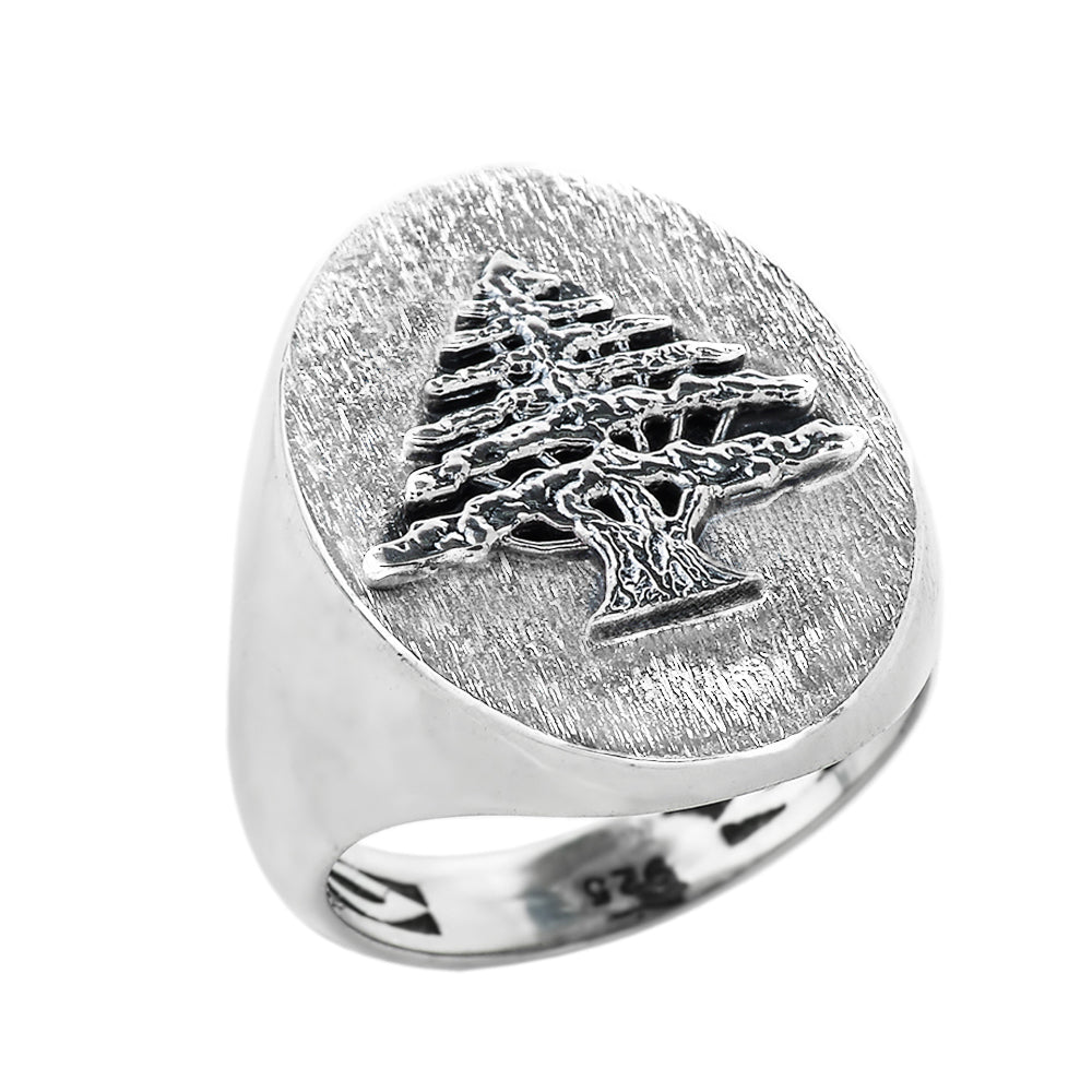 Sterling Silver Lebanese Cedar Tree Men's Ring — Height: 1