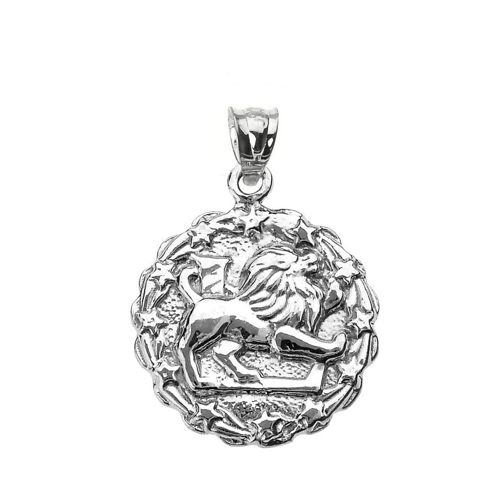 Sterling Silver Leo August Zodiac Sign Round Pendant Necklace, view 2